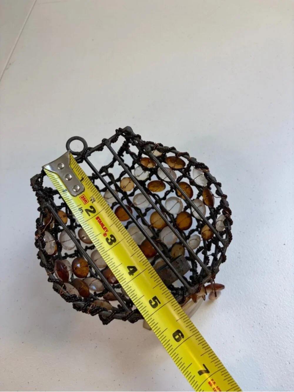 Vintage Boho Beaded Hanging Tea Light Candle Holder Amber Beads 90s Home Decor